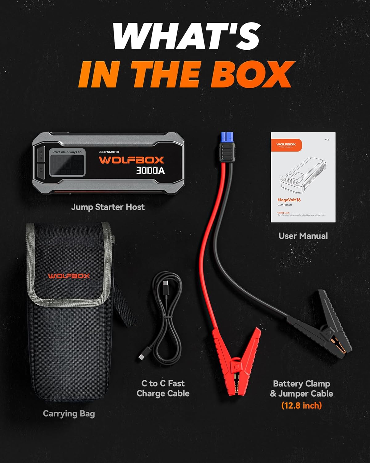 WOLFBOX MV24 4000A Jump Starter,12V Car Booster Pack with 65W Quick Charger,LED Display,24000mAh Portable Jump Starter Battery (10L Gas 10L Diesel Engine) with LED Light,Jumper Cables
