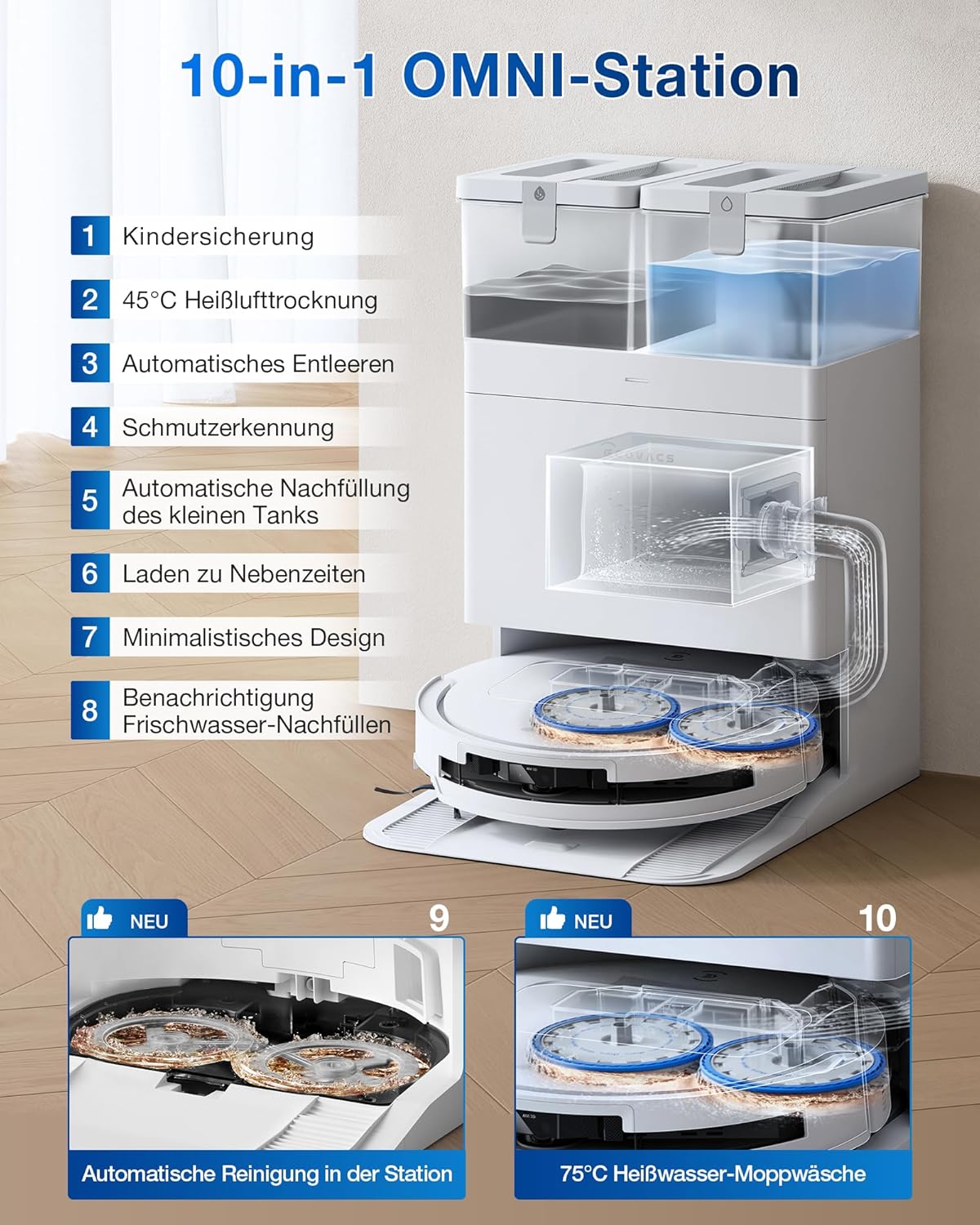 ECOVACS DEEBOT T50 PRO Omni Gen2 Saugroboter mit Wischfunktion, Ausfahrende Seitenbürste und Wischmopp, 21.000 Pa, Auto Zugabe von Reinigungslösung, Moppwäsche mit 75°C heißem Wasser, Ultradünn 81 mm
