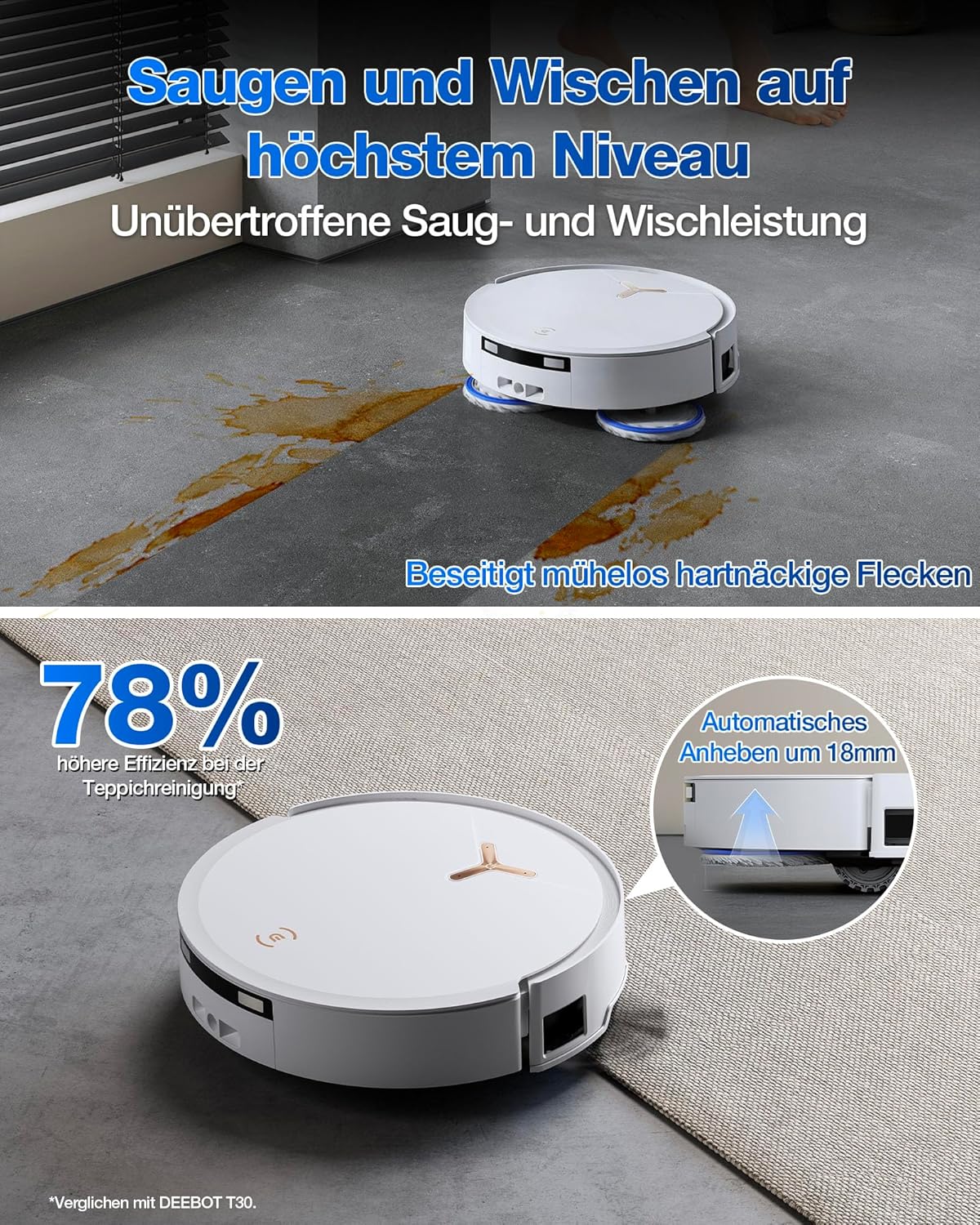 ECOVACS DEEBOT T50 PRO Omni Gen2 Saugroboter mit Wischfunktion, Ausfahrende Seitenbürste und Wischmopp, 21.000 Pa, Auto Zugabe von Reinigungslösung, Moppwäsche mit 75°C heißem Wasser, Ultradünn 81 mm