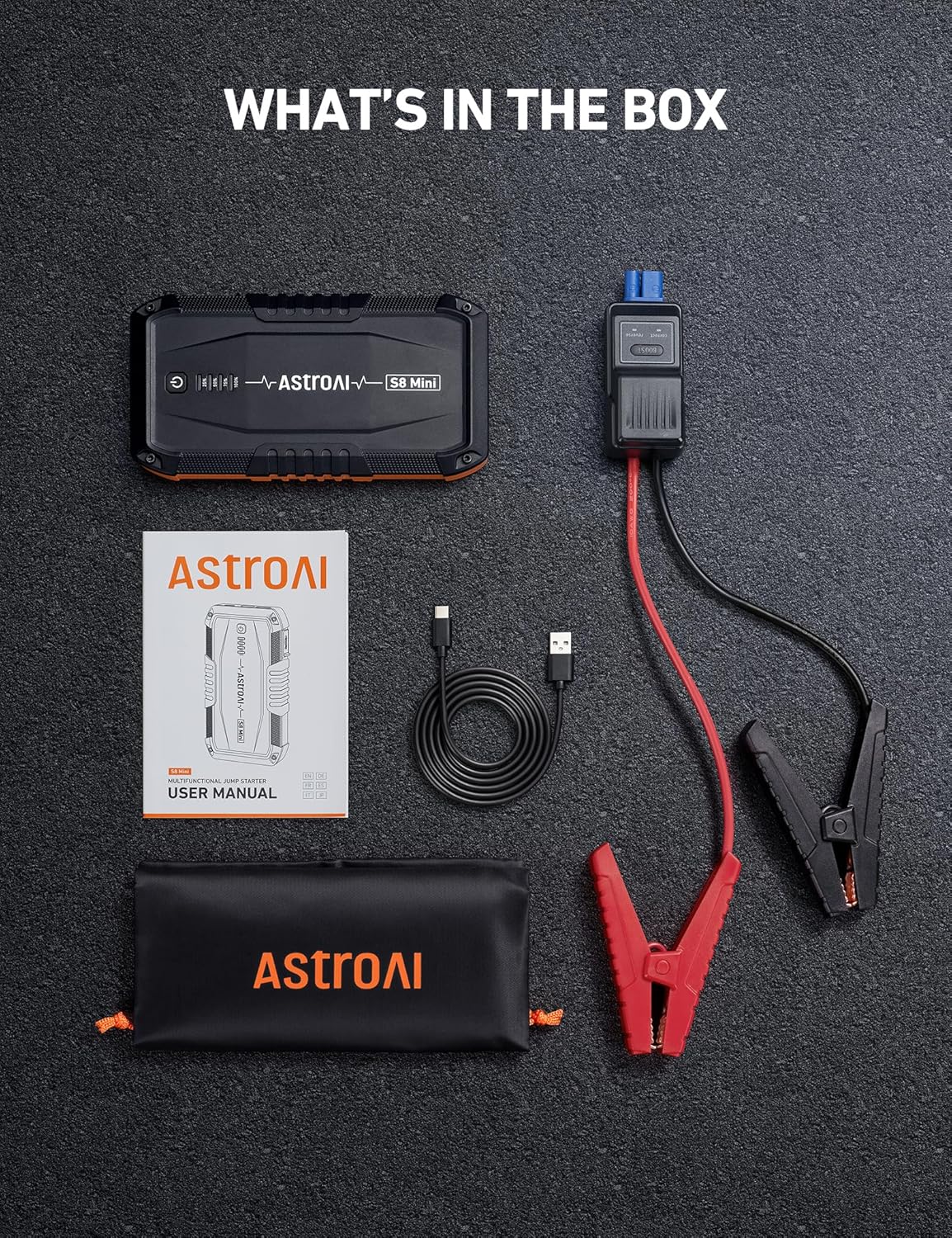 AstroAI S8 Car Battery Jump Starter, Car Jumper Starter Battery Pack for Up to 6.0L Gas & 3.0L Diesel Engines, 12V Portable Jump Box with 3 Modes Flashlight and Jumper Cable (Orange)
