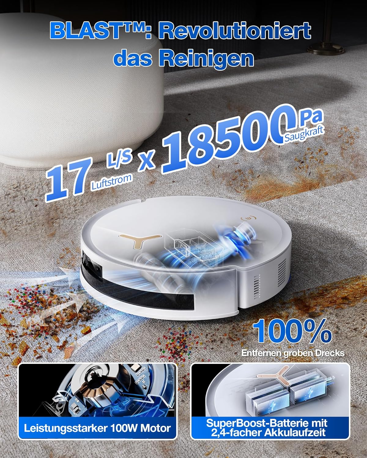 ECOVACS DEEBOT T50 PRO Omni Gen2 Saugroboter mit Wischfunktion, Ausfahrende Seitenbürste und Wischmopp, 21.000 Pa, Auto Zugabe von Reinigungslösung, Moppwäsche mit 75°C heißem Wasser, Ultradünn 81 mm