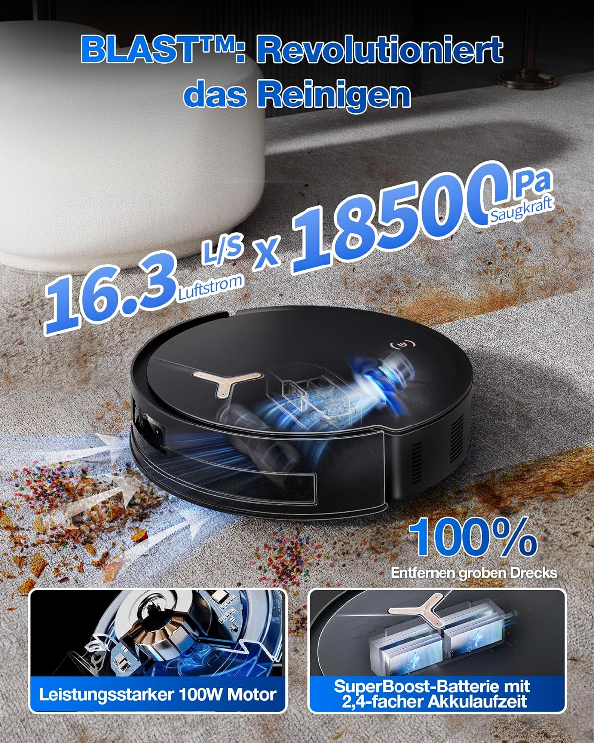 ECOVACS DEEBOT T50 PRO Omni Gen2 Saugroboter mit Wischfunktion, Ausfahrende Seitenbürste und Wischmopp, 21.000 Pa, Auto Zugabe von Reinigungslösung, Moppwäsche mit 75°C heißem Wasser, Ultradünn 81 mm