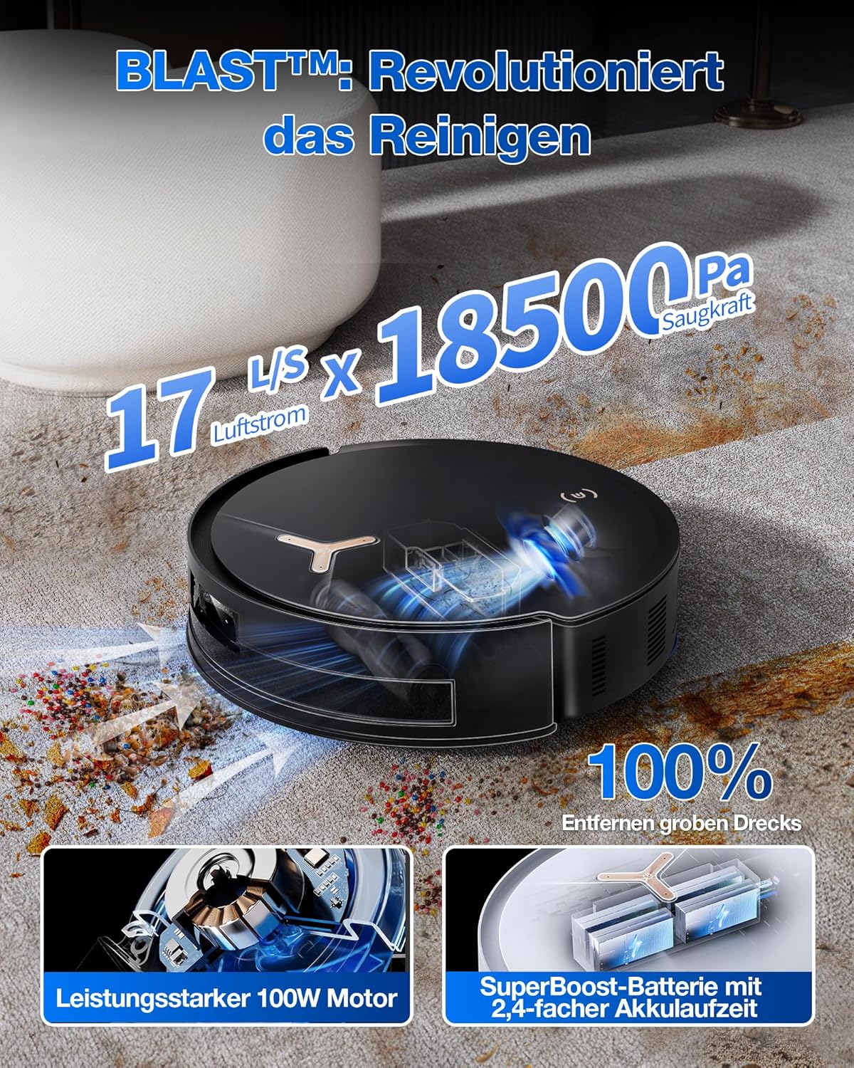 ECOVACS DEEBOT T50 PRO Omni Gen2 Saugroboter mit Wischfunktion, Ausfahrende Seitenbürste und Wischmopp, 21.000 Pa, Auto Zugabe von Reinigungslösung, Moppwäsche mit 75°C heißem Wasser, Ultradünn 81 mm