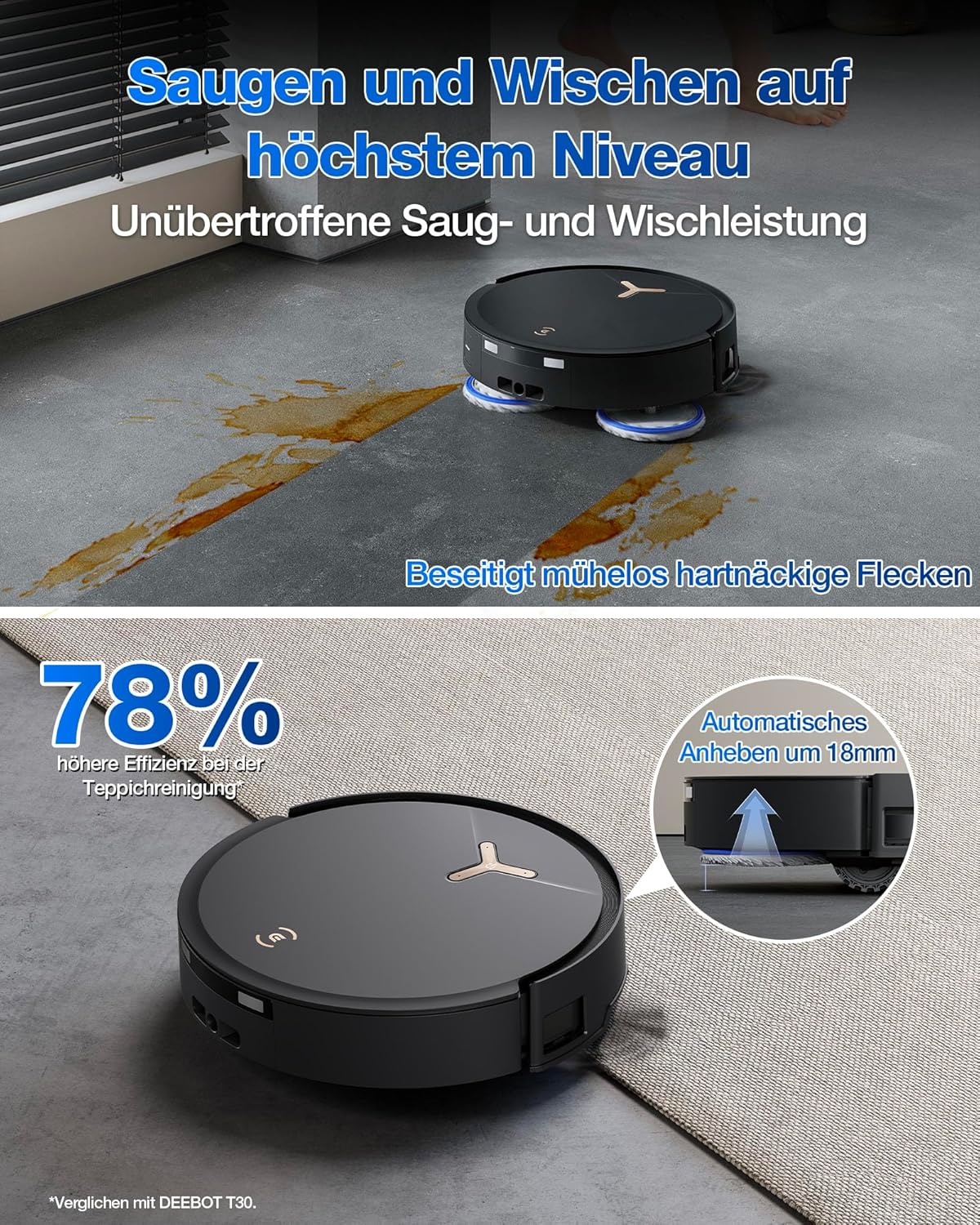 ECOVACS DEEBOT T50 PRO Omni Gen2 Saugroboter mit Wischfunktion, Ausfahrende Seitenbürste und Wischmopp, 21.000 Pa, Auto Zugabe von Reinigungslösung, Moppwäsche mit 75°C heißem Wasser, Ultradünn 81 mm