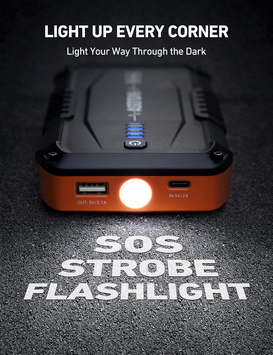 AstroAI S8 Car Battery Jump Starter, Car Jumper Starter Battery Pack for Up to 6.0L Gas & 3.0L Diesel Engines, 12V Portable Jump Box with 3 Modes Flashlight and Jumper Cable (Orange)