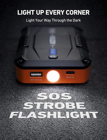AstroAI S8 Car Battery Jump Starter, Car Jumper Starter Battery Pack for Up to 6.0L Gas & 3.0L Diesel Engines, 12V Portable Jump Box with 3 Modes Flashlight and Jumper Cable (Orange)