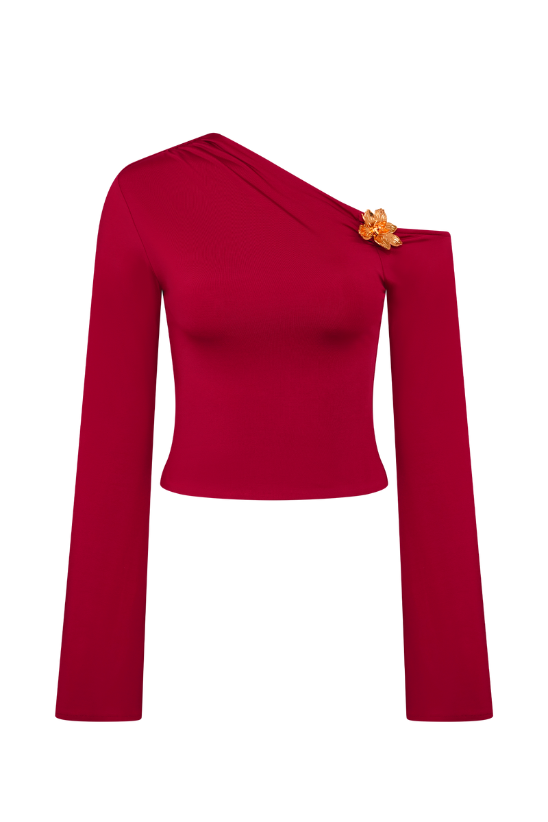 Ainsley Asymmetrical Long Sleeve Top With Floral Hardware - Fuchsia Pink