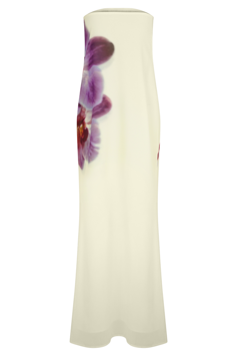Amaya Strapless Chiffon Maxi Dress - Ivory Koi Orchid Print