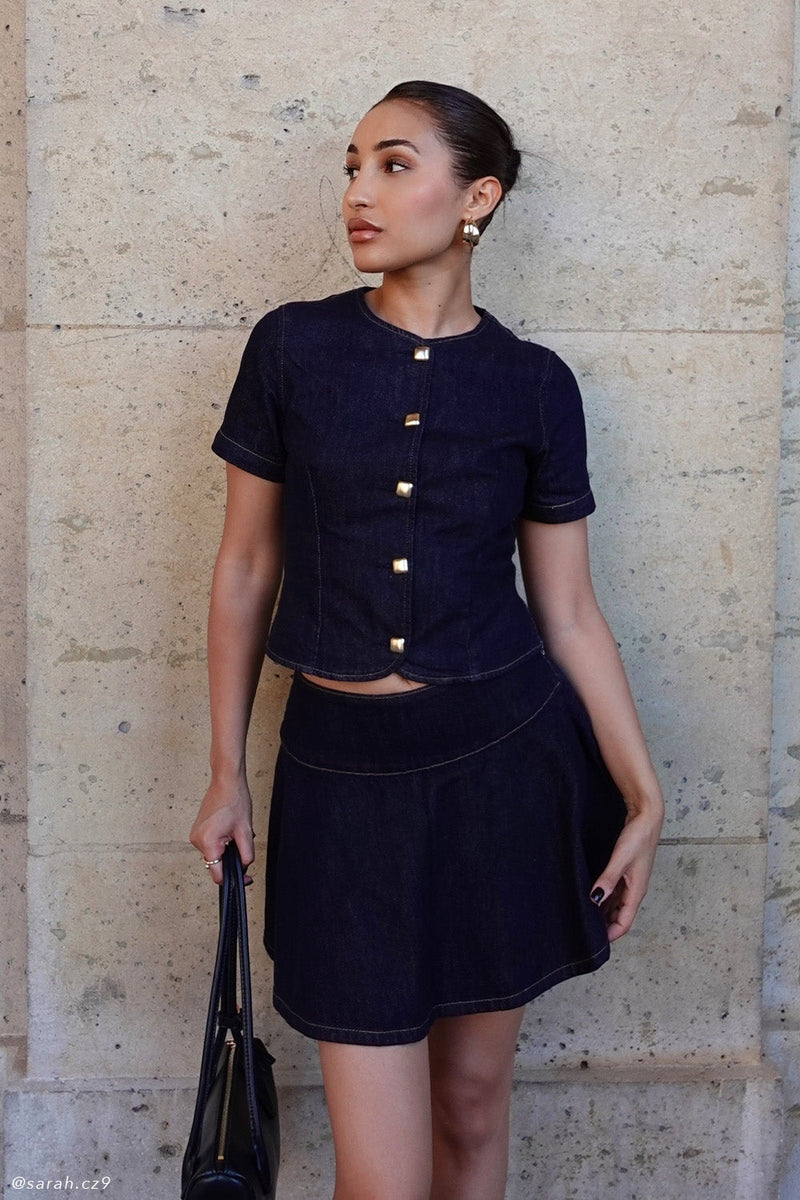 Bethany Short Sleeve Buttoned Denim Top - Washed Indigo Blue