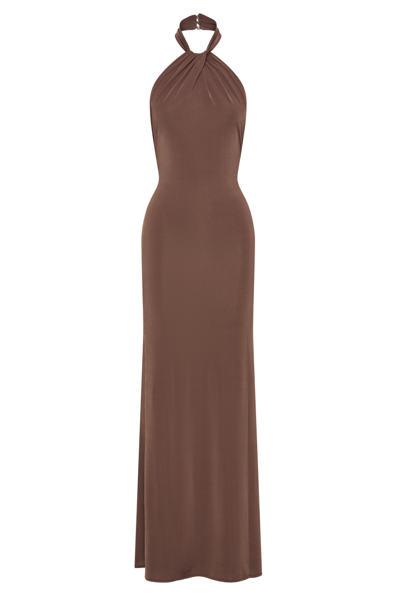 Elyna Slinky Halter Maxi Dress - Chocolate