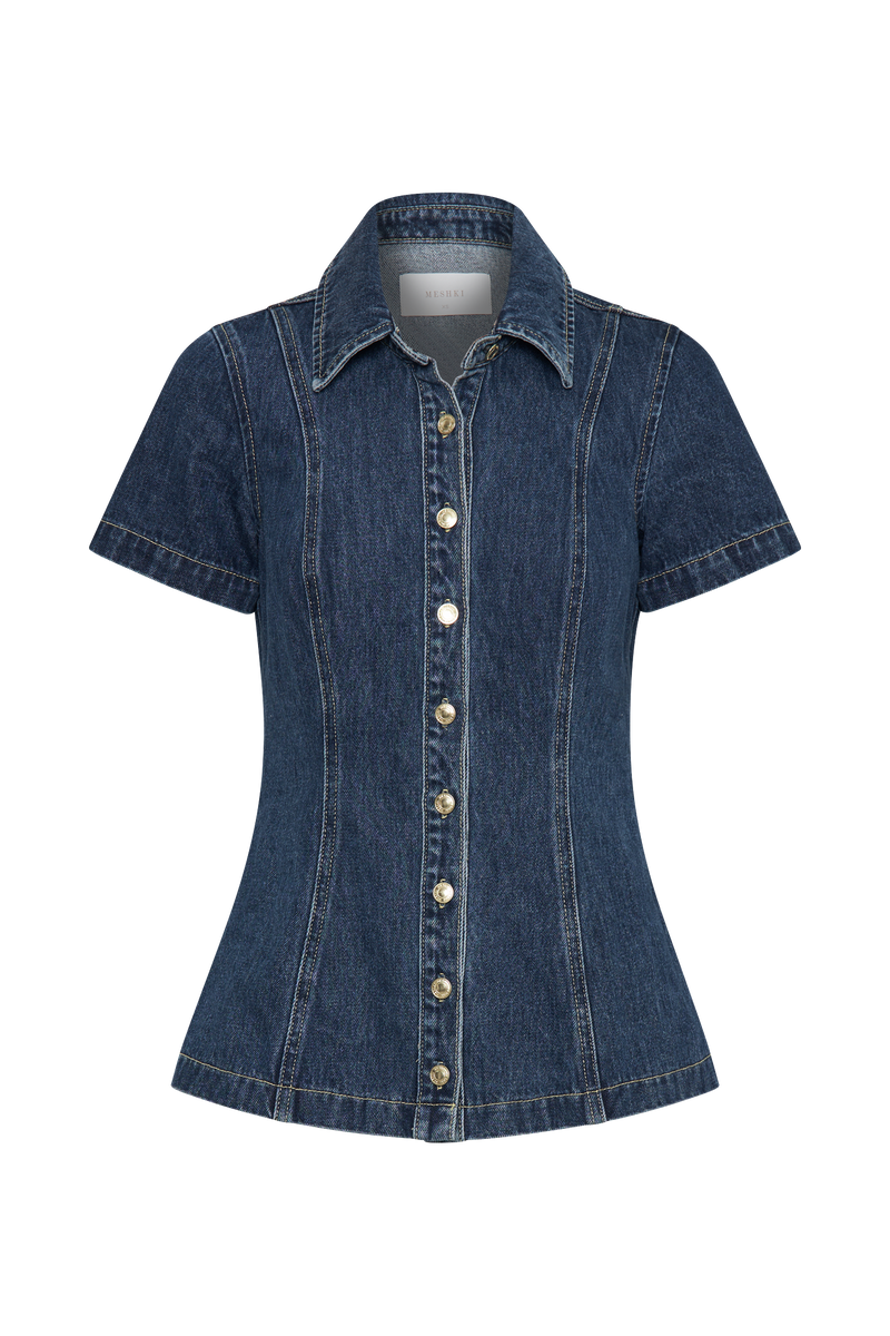 Ellie Denim Short Sleeve Top - Dark Blue