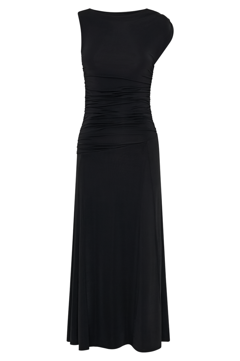 Navanna Asymmetric Slinky Midi Dress - Black