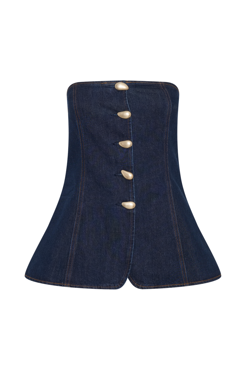 Lennox Strapless Long Line Button Top - Indigo Blue