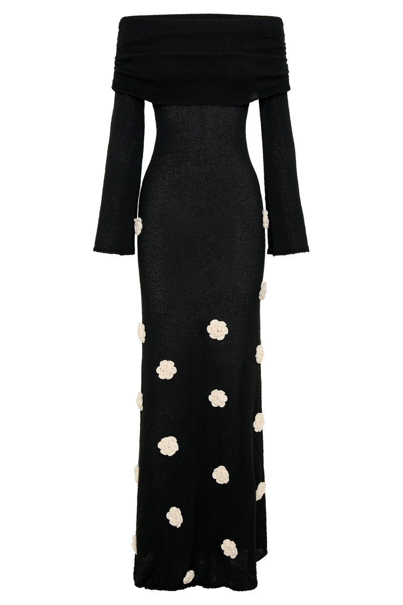 Kiki Off Shoulder Knit Rose Maxi Dress - Black/White