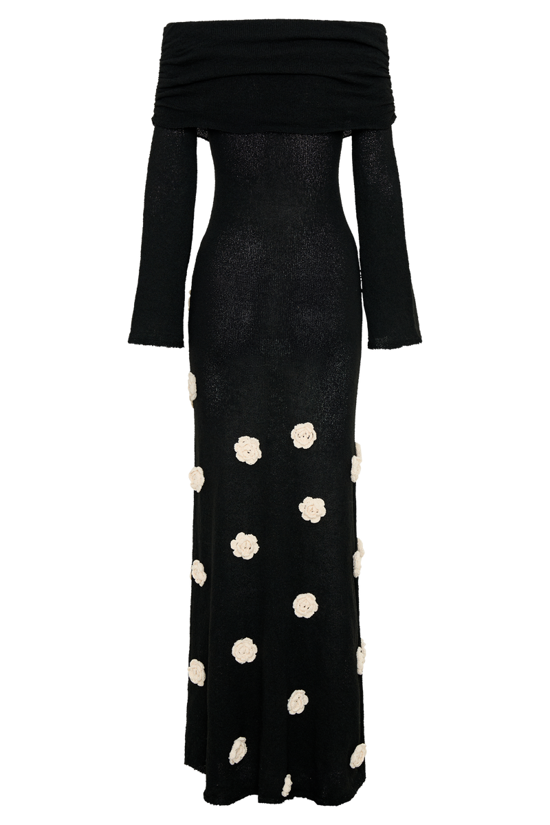 Kiki Off Shoulder Knit Rose Maxi Dress - Black/White
