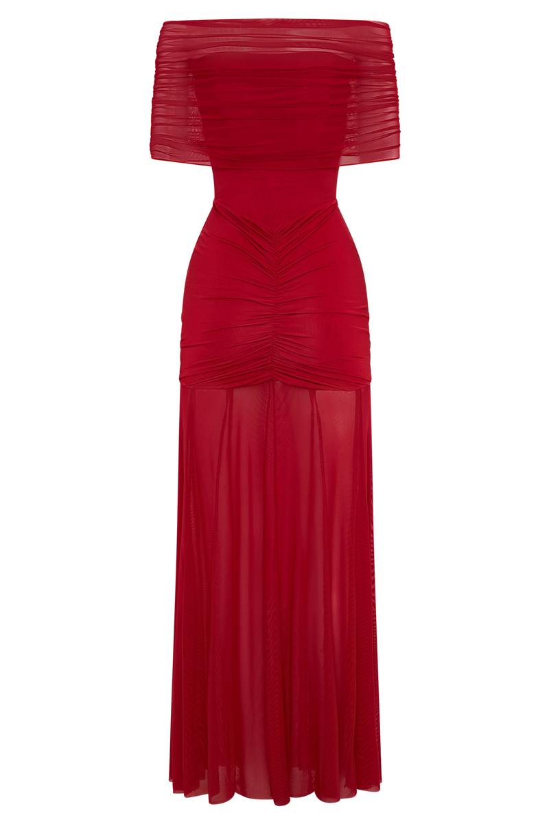 Caspian Slinky And Mesh Off Shoulder Maxi Dress - Ruby