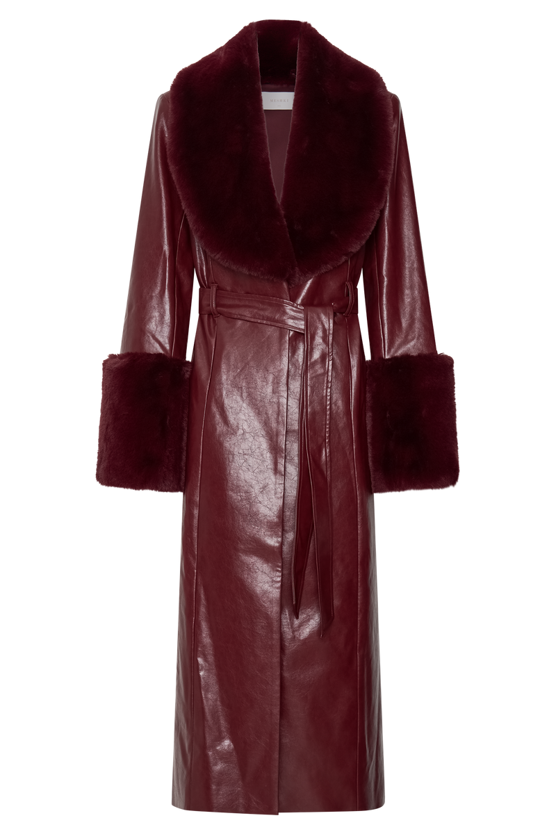Bec Faux Leather Trench Coat With Faux Fur - Cherry Red