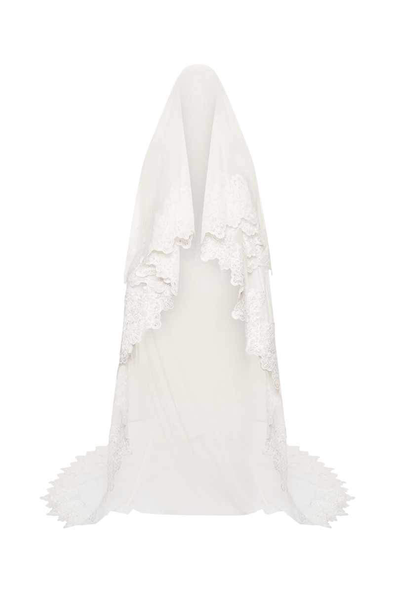 Paulette Lace Trim Veil - White