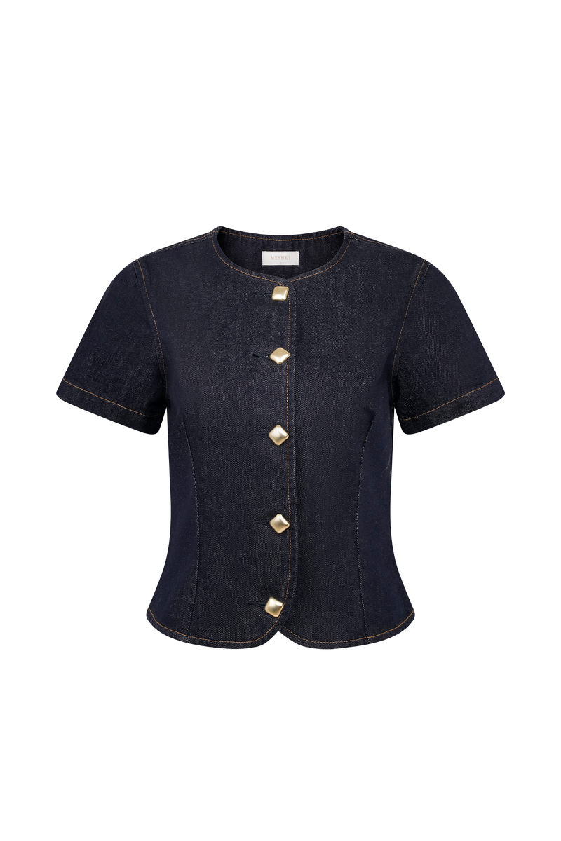 Bethany Short Sleeve Buttoned Denim Top - Washed Indigo Blue