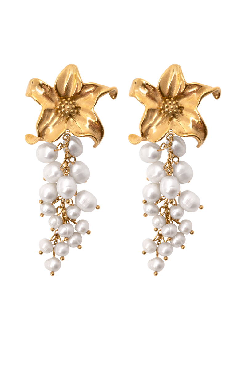Eva Floral Fresh Water Pearl Earrings - Gold
