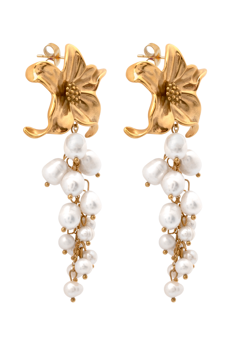 Eva Floral Fresh Water Pearl Earrings - Gold