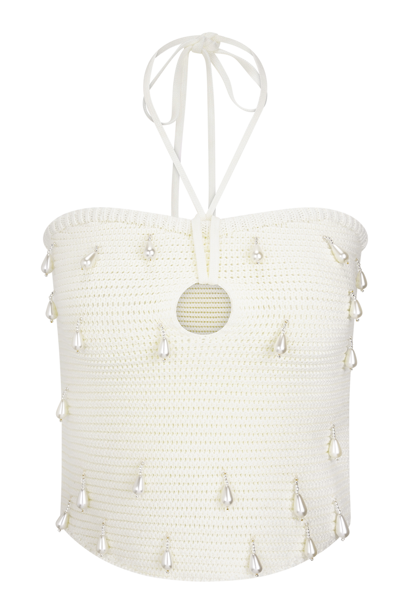 Aletta Knit Pearl Halter Top - Ivory
