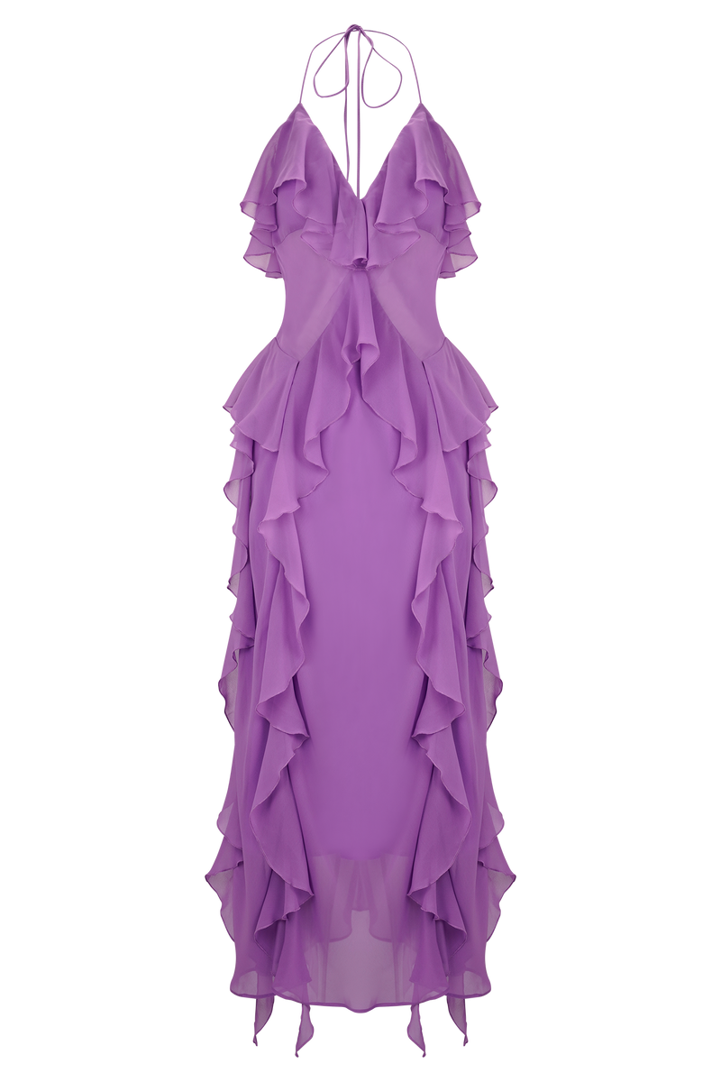 Aleyna Chiffon Ruffle Midi Dress - Purple