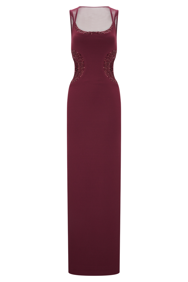 Angelique Beaded Crepe Maxi Dress - Wine