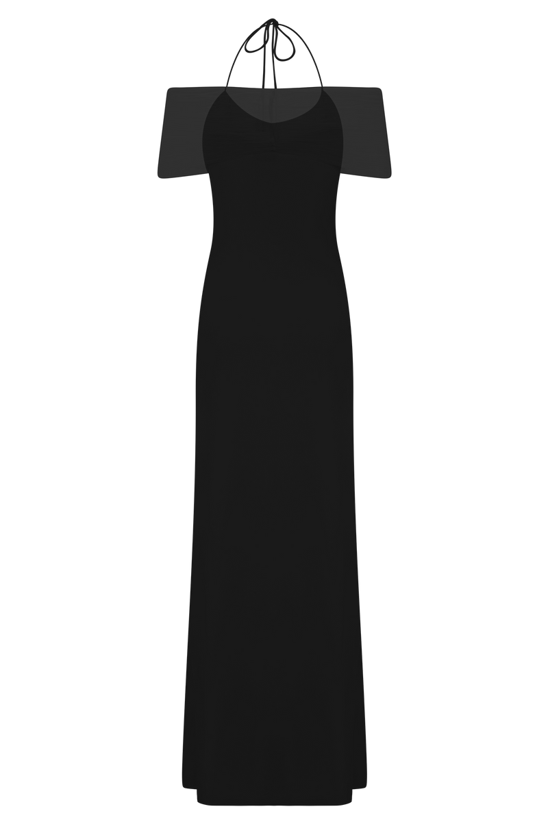 Bernadina Mesh And Slinky Halter Maxi Dress - Black