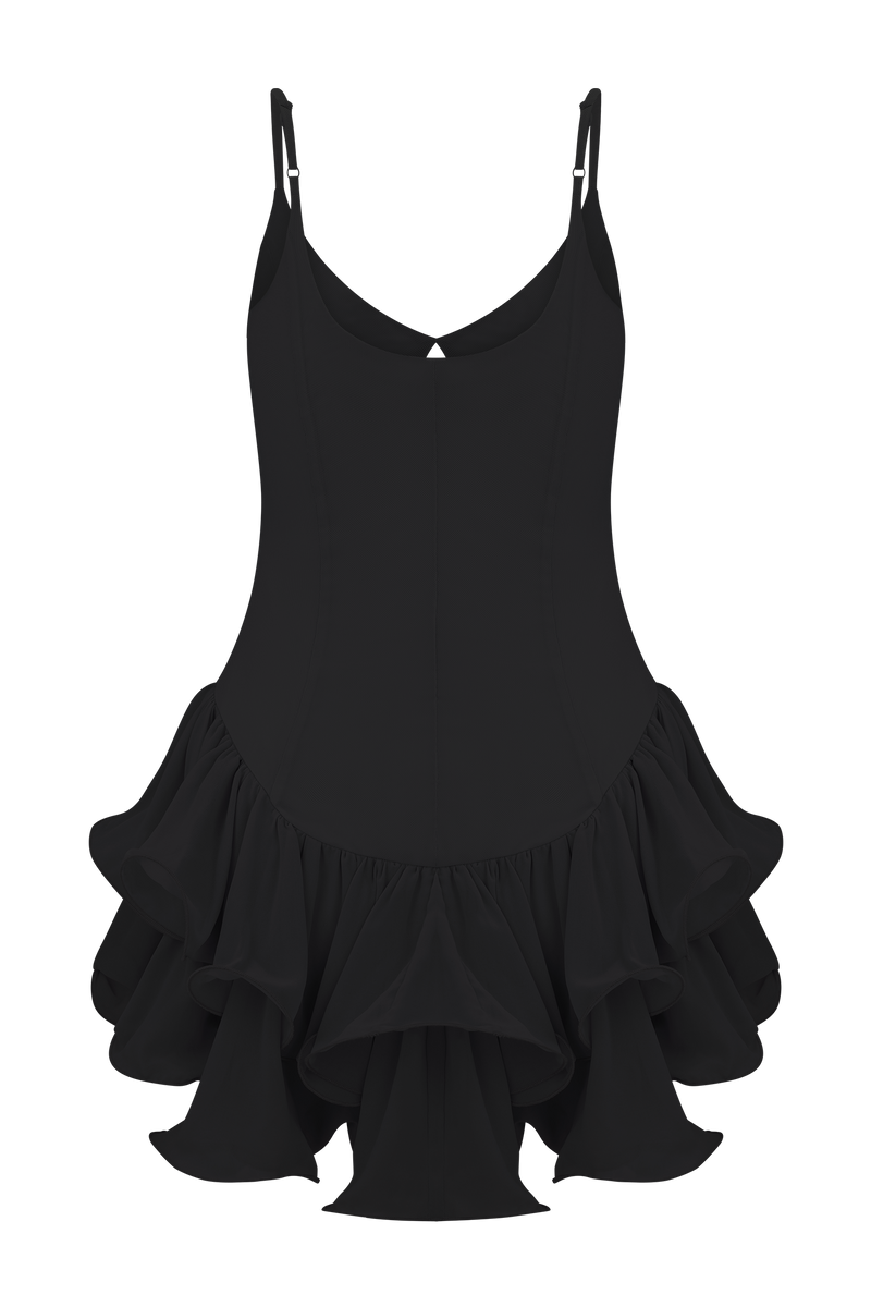 Calantha Ruffle Mesh Mini Dress - Black