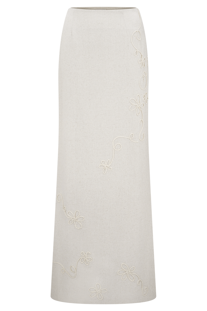 Casey Linen Embroidered Maxi Skirt - Natural