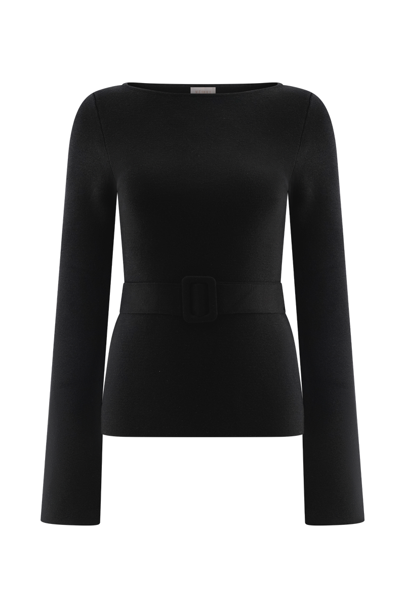 Justine Belted Knit Top - Black