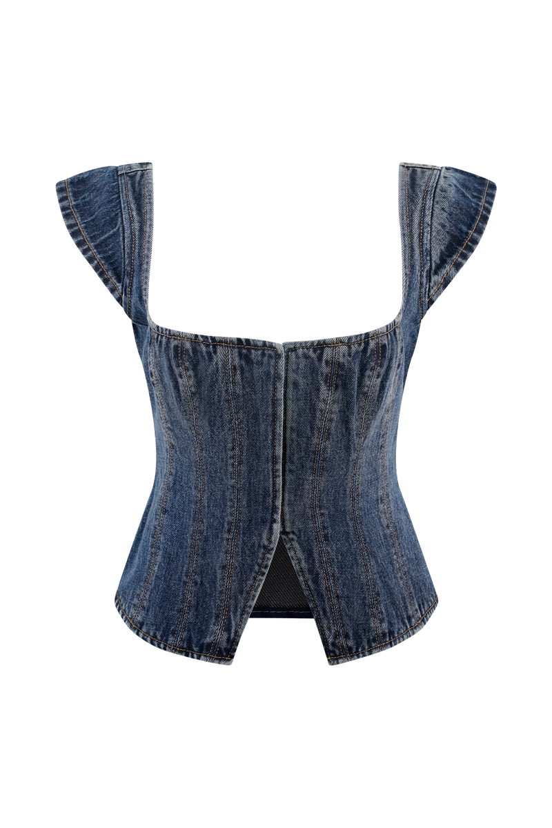 Loretta Cap Sleeve Denim Top - Washed Dark Blue