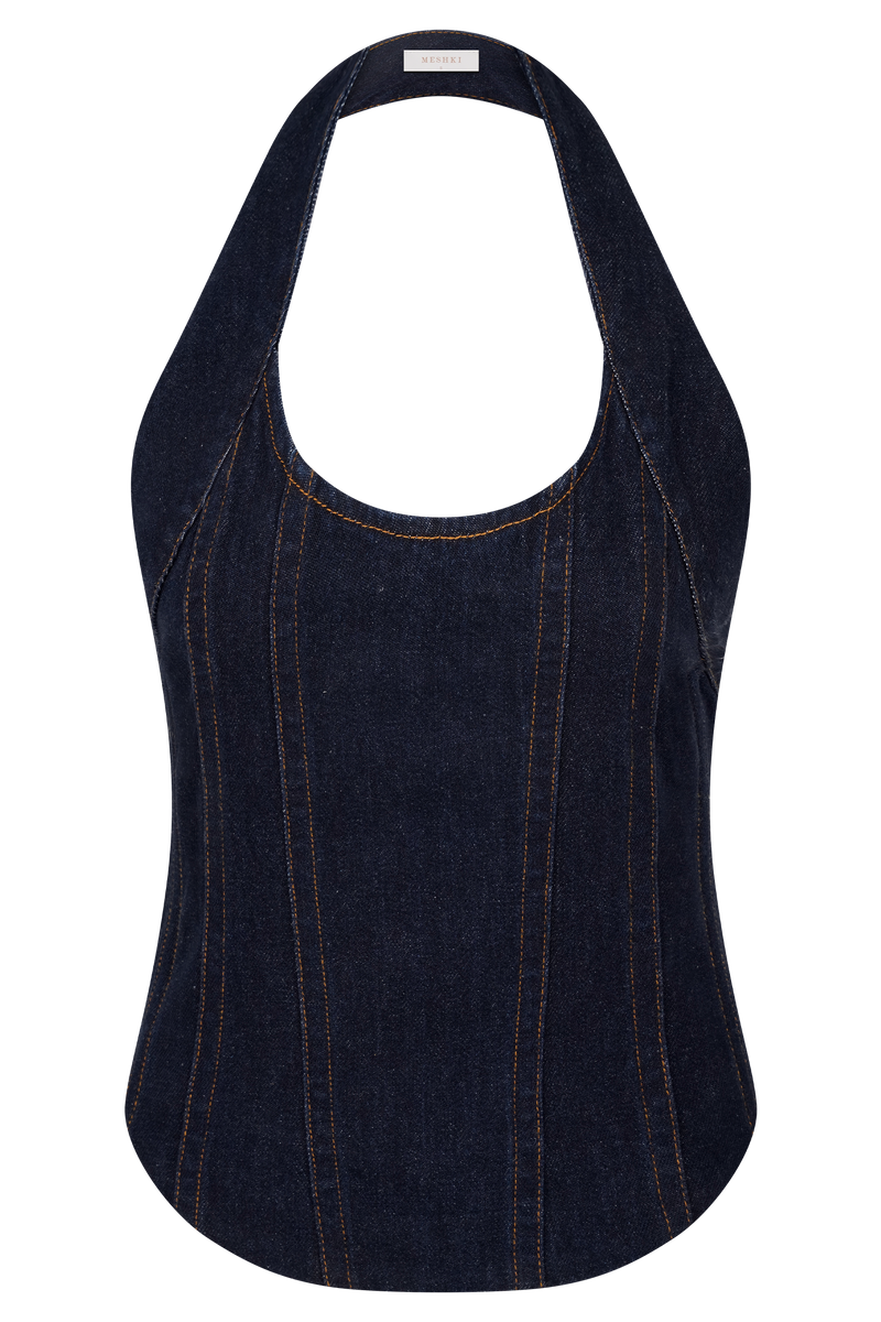 Meadow Denim Corset Halter Top - Indigo Blue