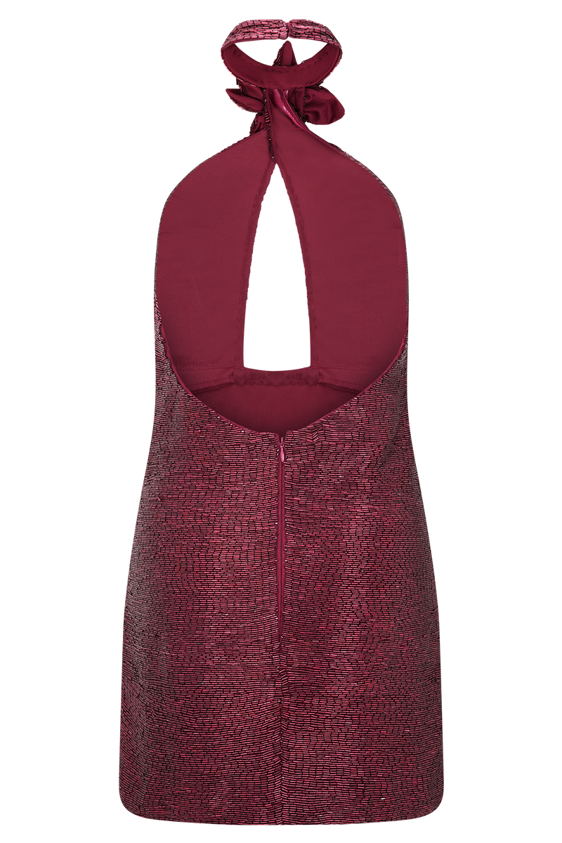 Nylah Beaded Halter Mini Dress - Burgundy