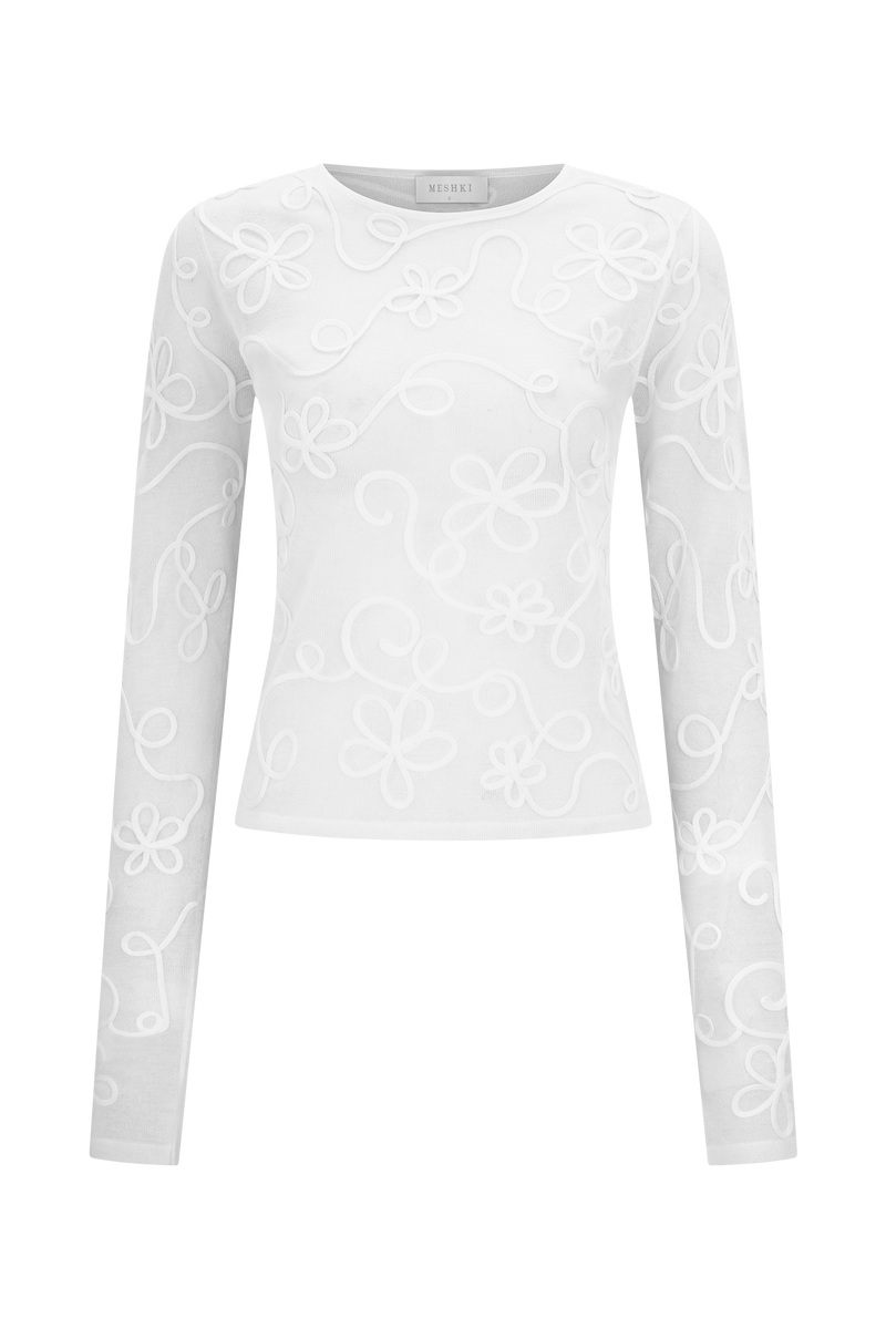 Omari Embroidery Long Sleeve Knit Top - Ivory