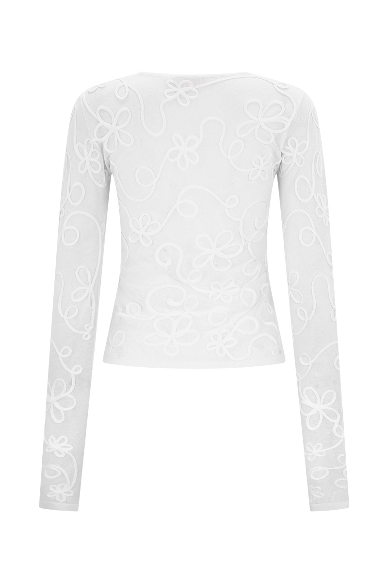 Omari Embroidery Long Sleeve Knit Top - Ivory