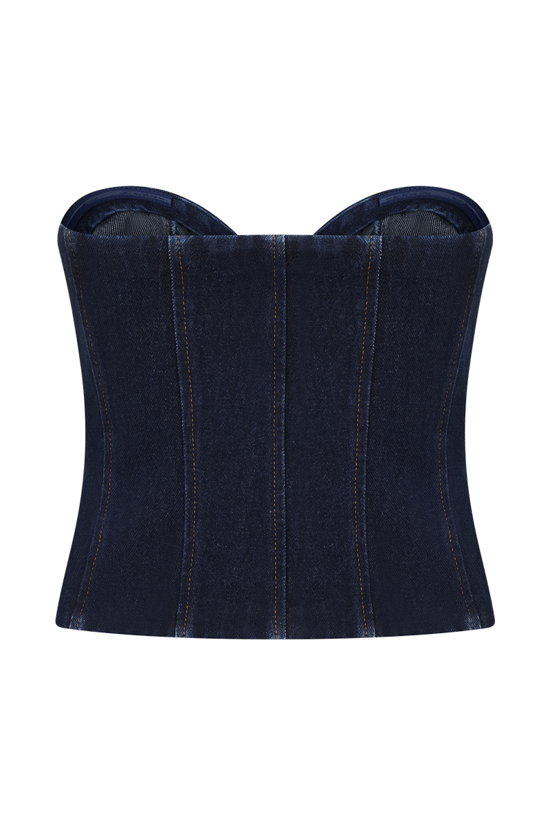 Tully Strapless Topstitch Denim Top - Indigo Blue