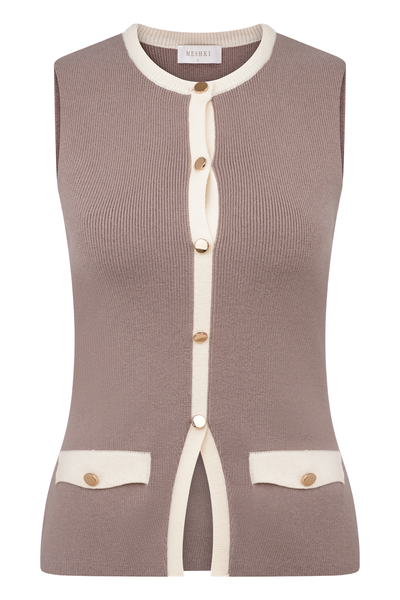 Julianne Contrast Knit Top - Pebble/Ivory