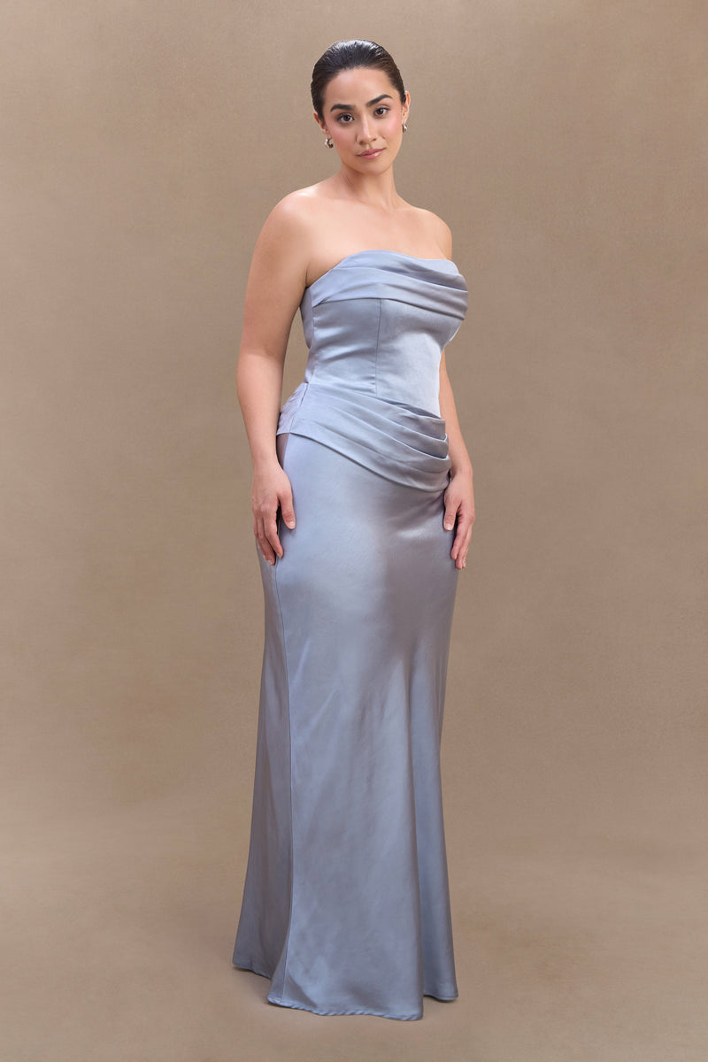 Jasmine Strapless Satin Maxi Dress - Frosted Blue