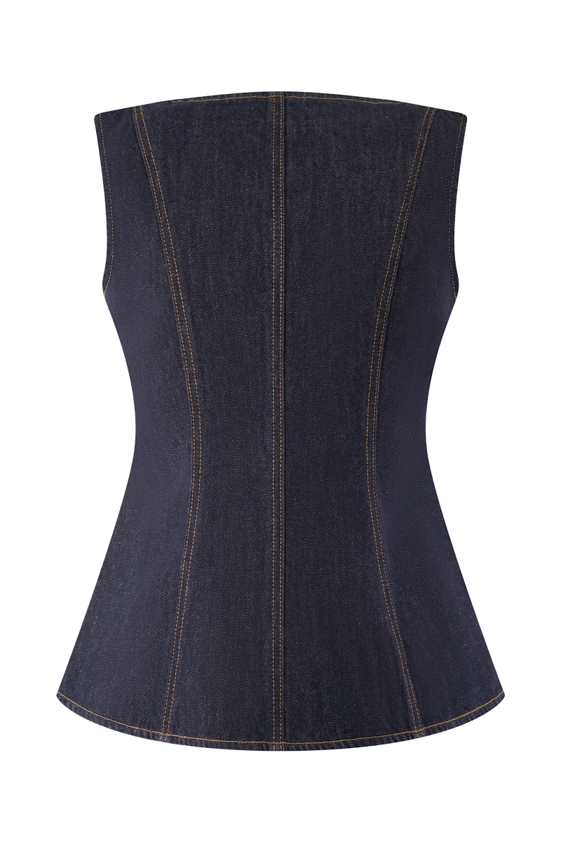 Neve Sleeveless Buttoned Denim Top - Washed Indigo Blue
